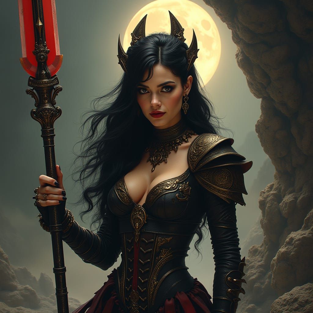 Dominant Goddess with Intense Gaze and Metallic Armor