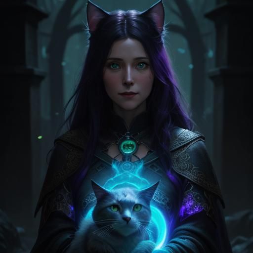 Mystical Witch and Cat in Runic Light