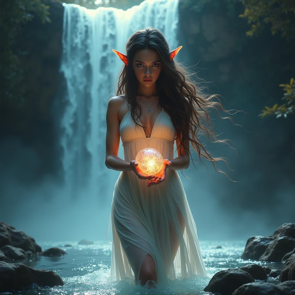 Ethereal Elf Emerges from Luminous Waterfall