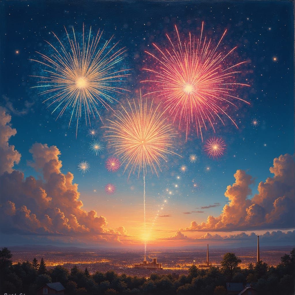Fireworks Over Cityscape: Romantic Oil Painting Style
