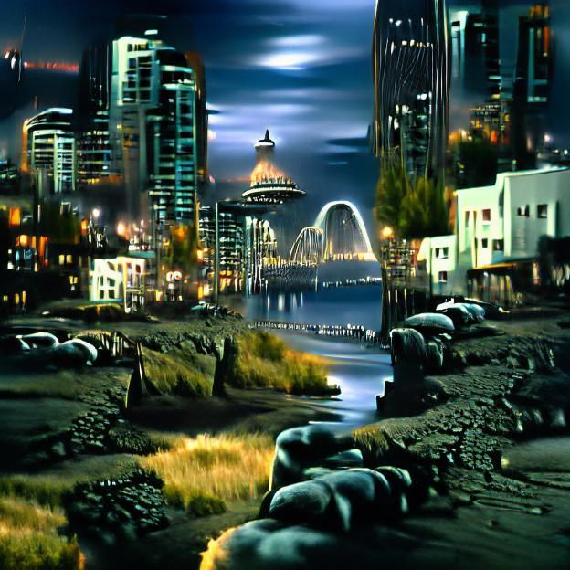 Pacific Northwest City at Night Matte Painting