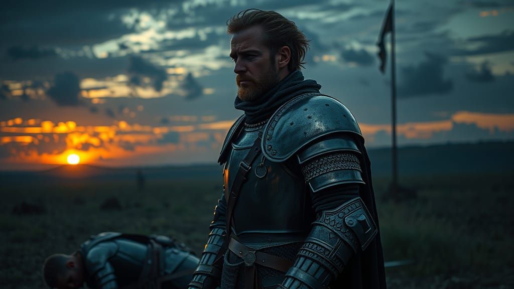 Knight's Contemplation on Dusk Battlefield as Romantic Paint...