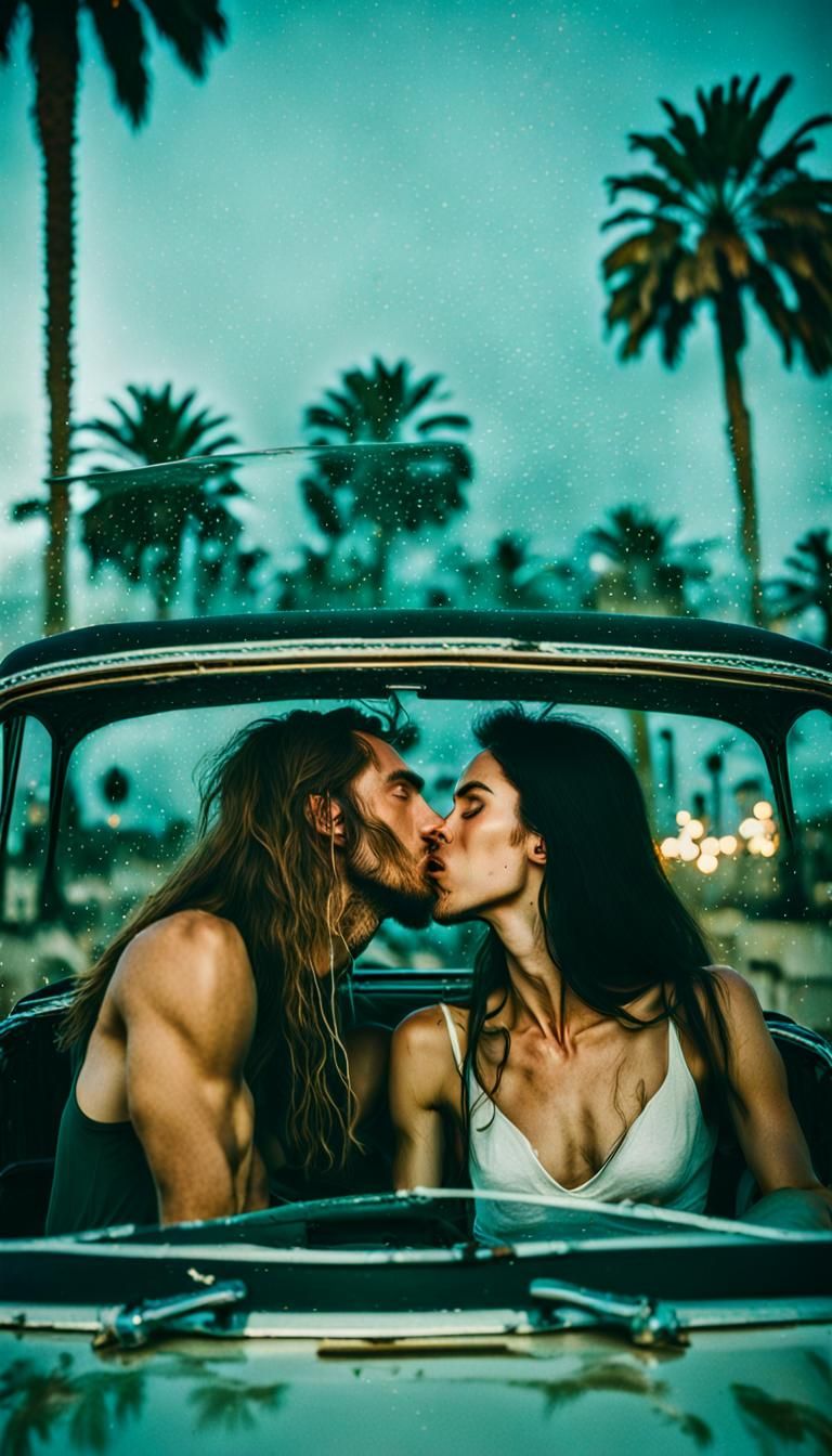 Passionate Kiss in Vintage Car, Polaroid Style