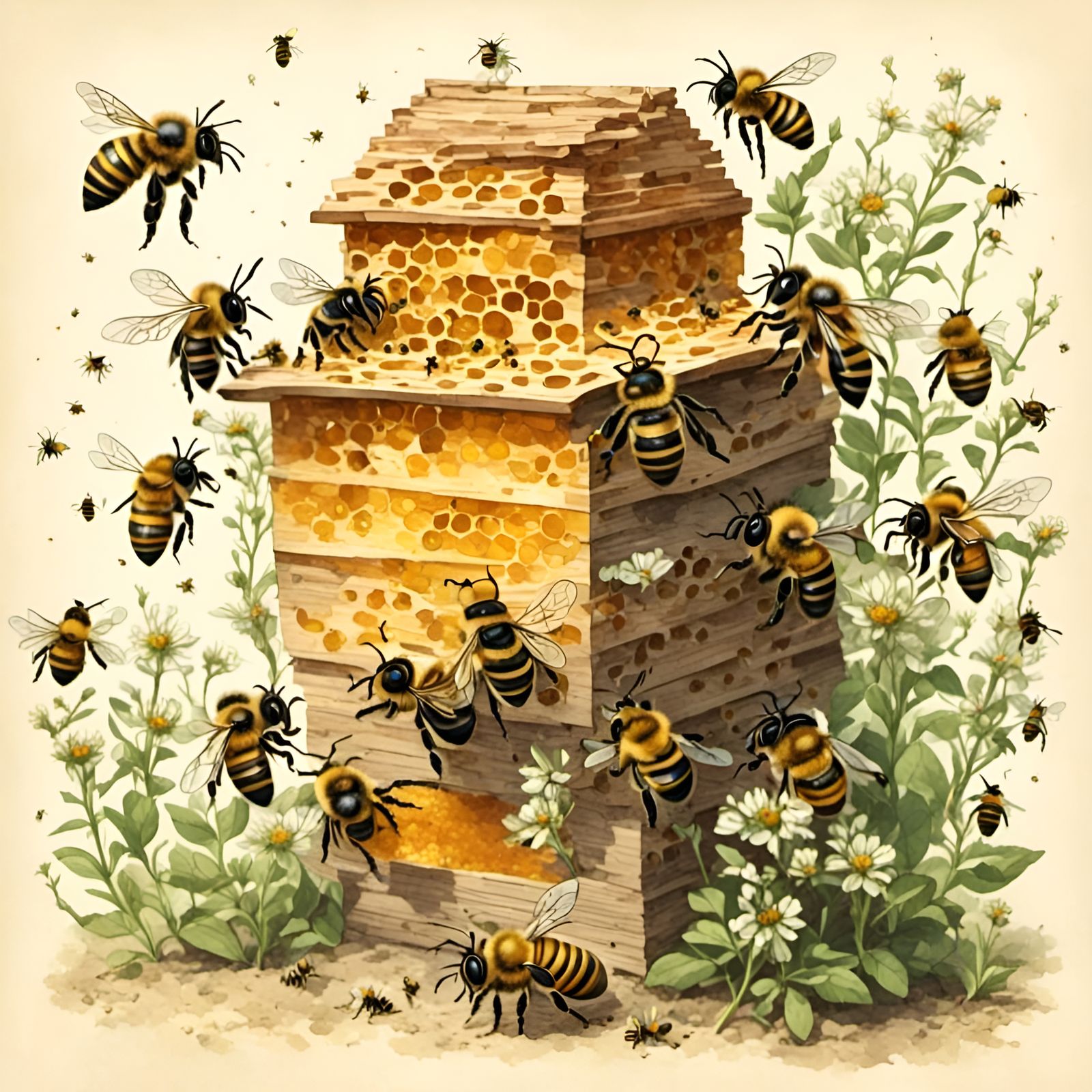 Bee in Hive Storybook Illustration