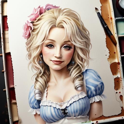 Chibi Dolly Parton: Watercolor and Charcoal Portrait