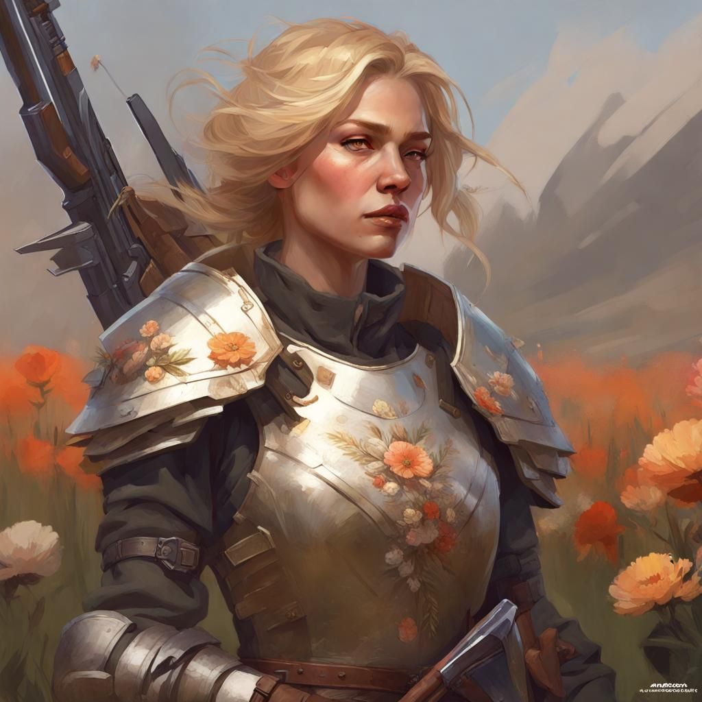 Armored Warrior Woman and Dog in Flower Field