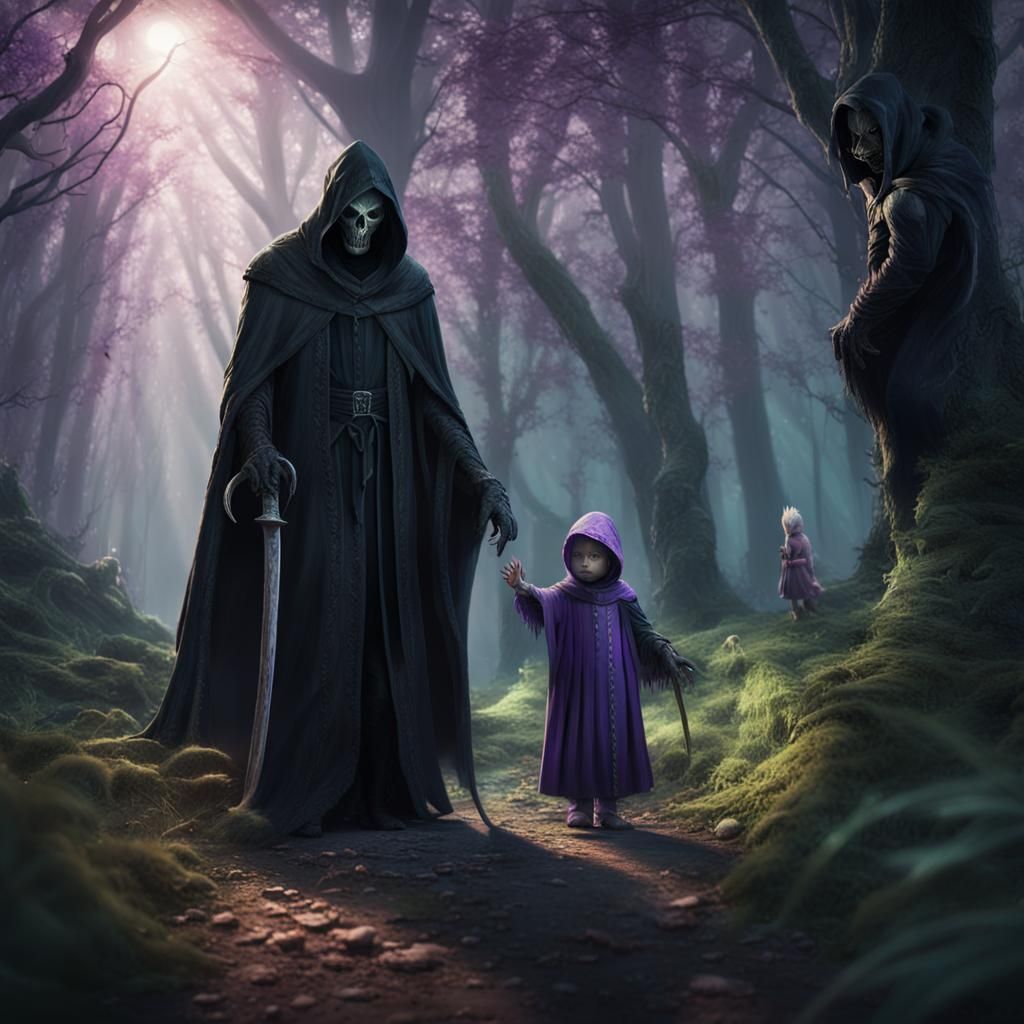 Grim Reaper and Child in Mystical Forest