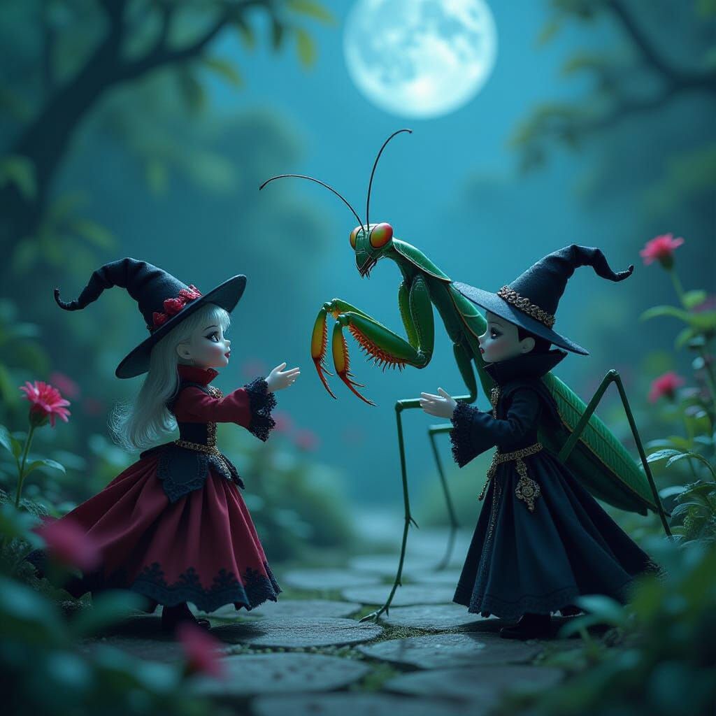 Vampire Figurines Attack Praying Mantis in Gothic Garden