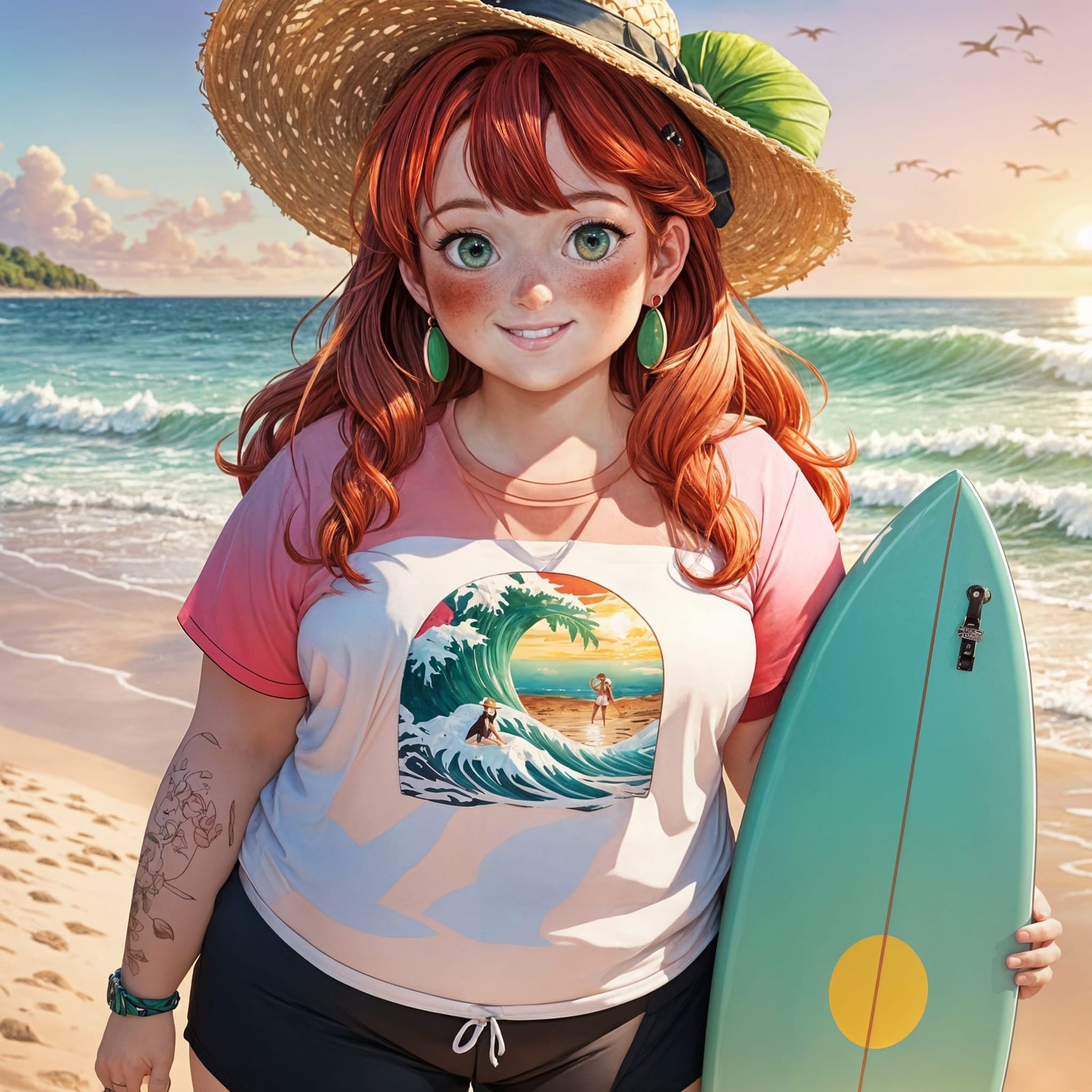 Glamorous Woman Surfs at Sunset