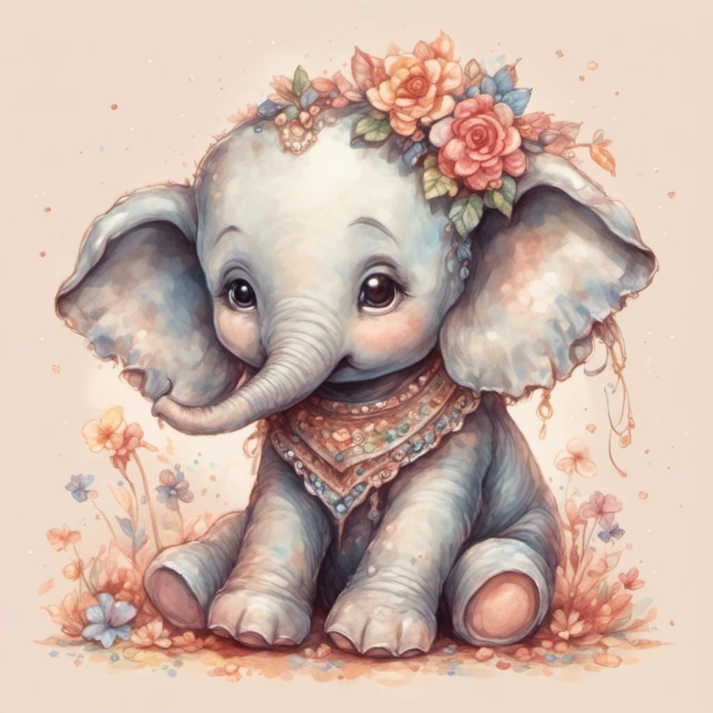 Cute Kawaii Baby Elephant Minimalist Art