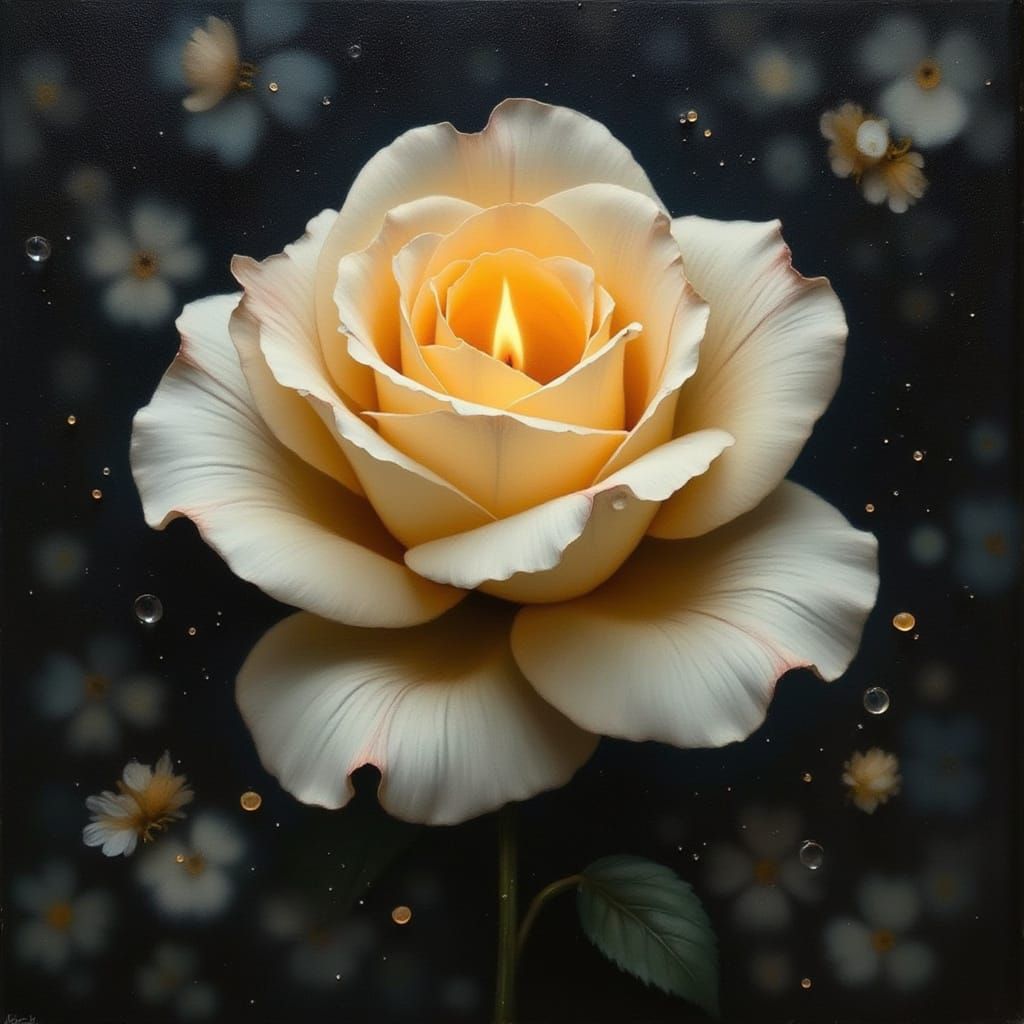 Surreal Rose with Candle Flame, Photorealistic Oil Painting