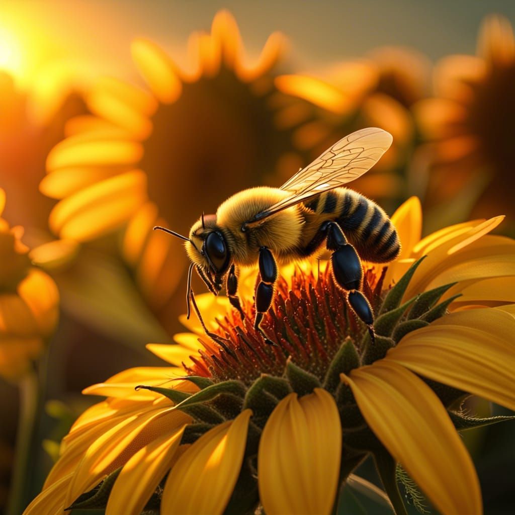 Bee on Sunflower at Sunset: Wildlife Photography