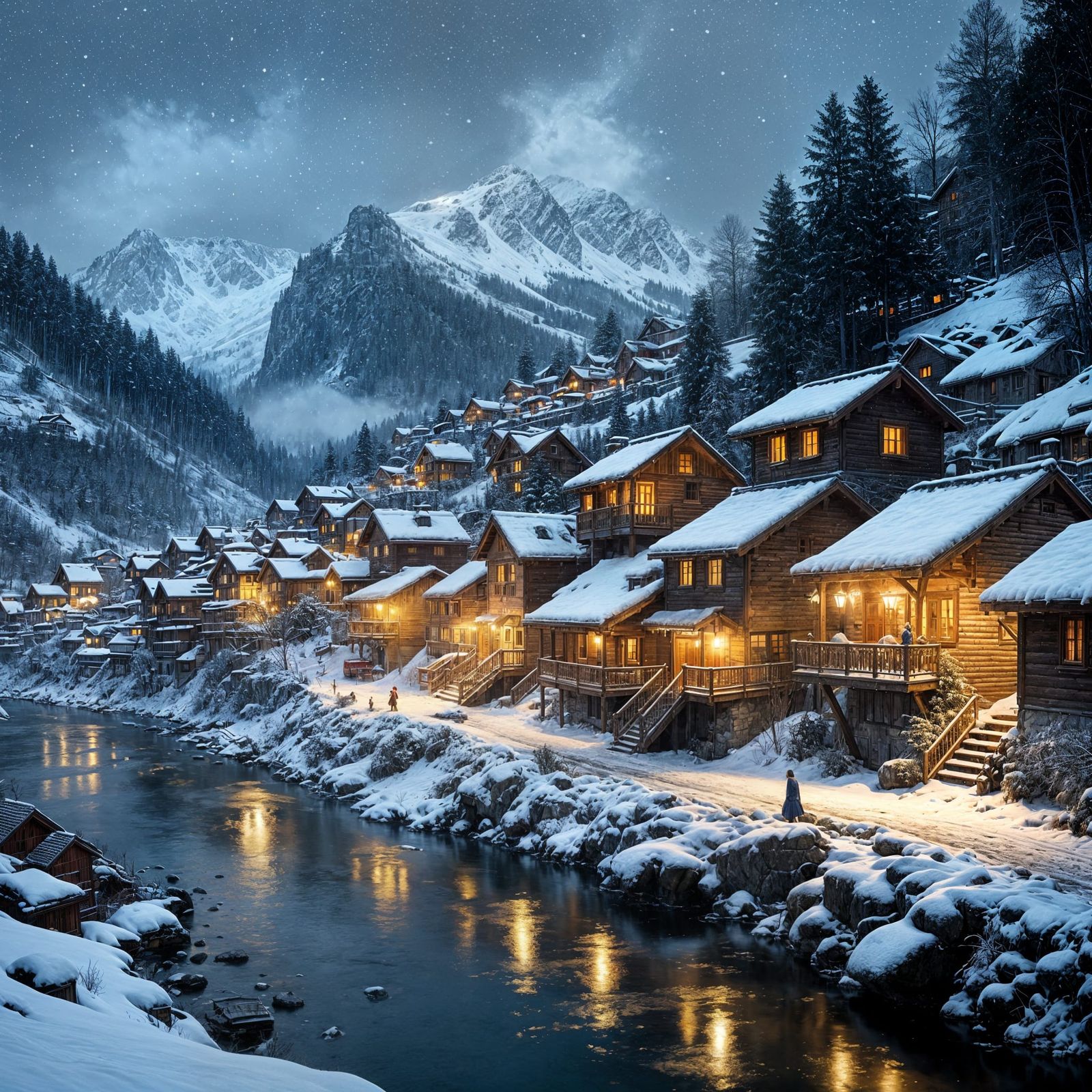 the alpine village clings to the mountainside its timbered h...