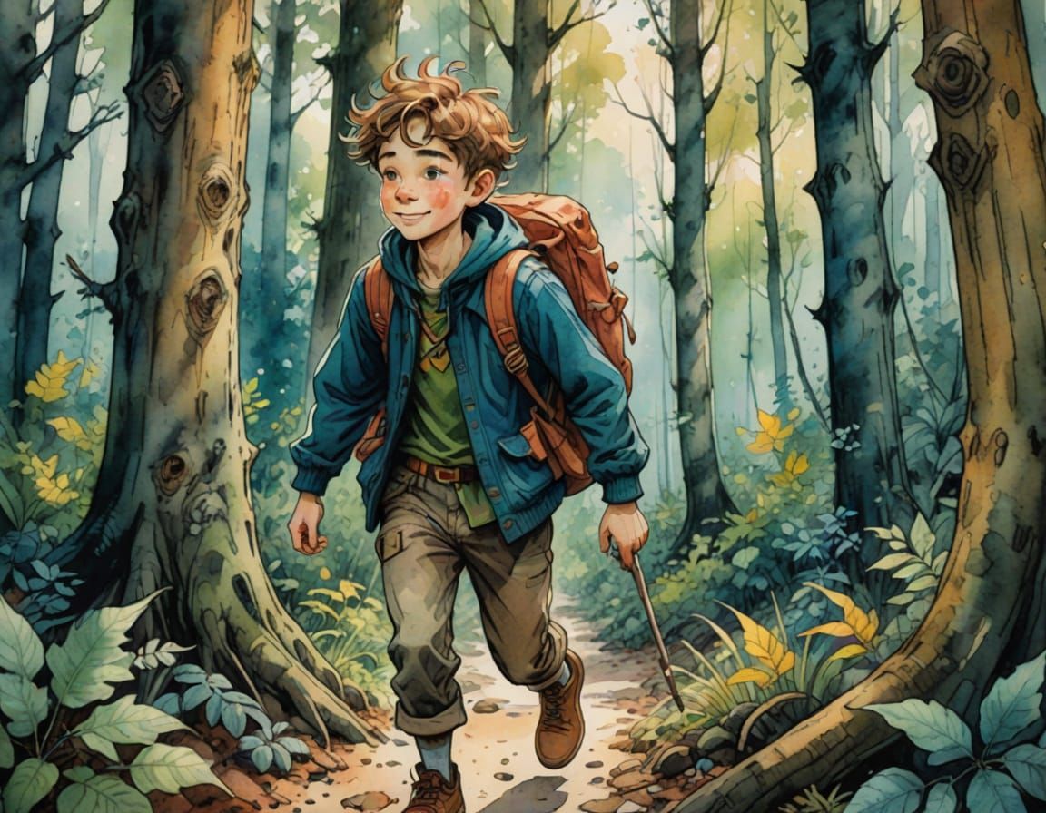 Cheerful Boy Adventuring in Forest Watercolor Painting