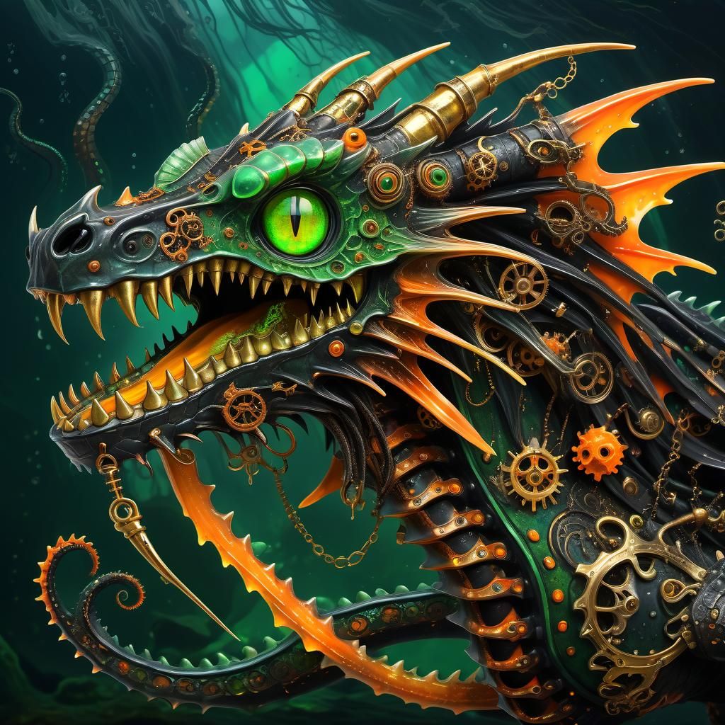 Steampunk Deep Sea Serpent-Dragon with Glowing Eyes