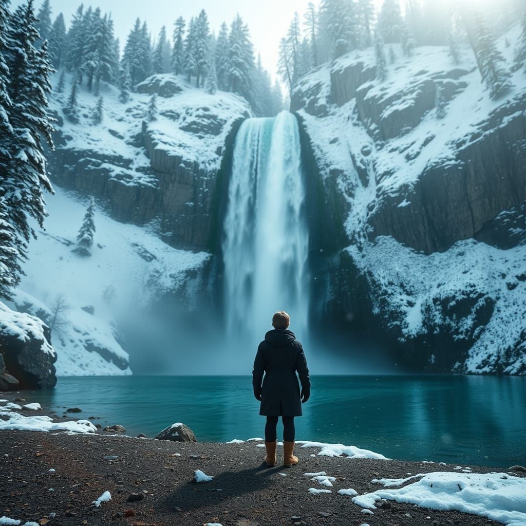Majestic Turquoise Waterfall in Snowy Winter Landscape