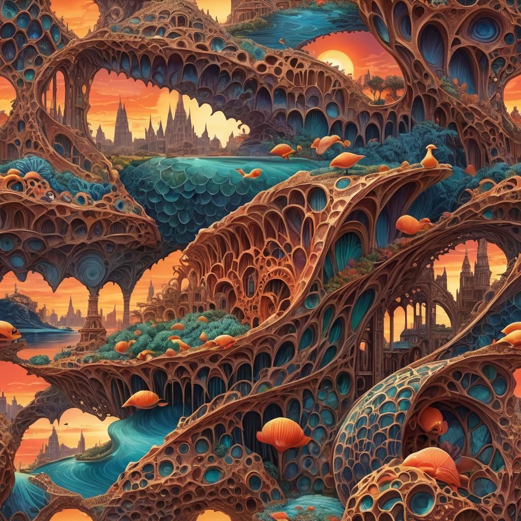 Surreal Coral Reef Cityscape Inside a Shell