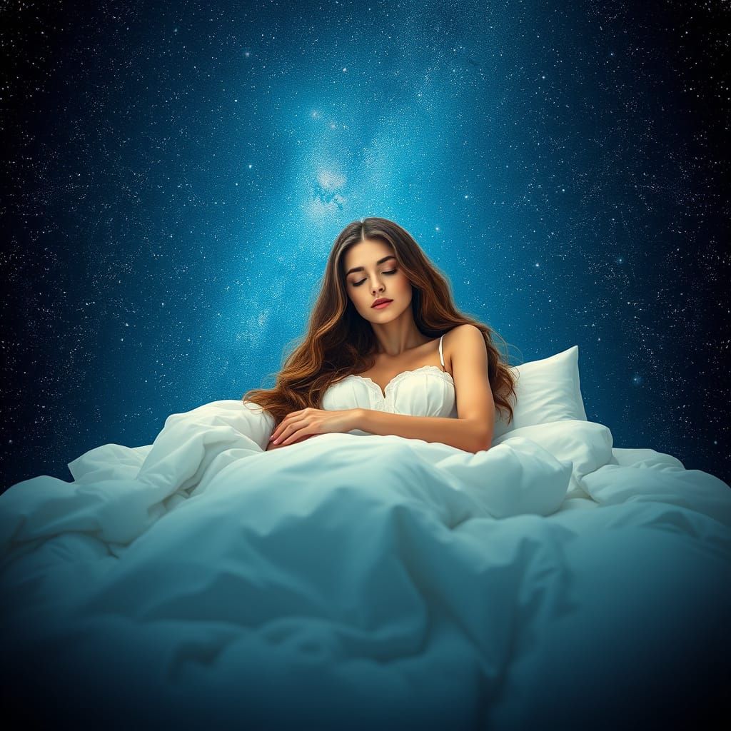 Brunette in Opulent Bed Beneath Starry Sky