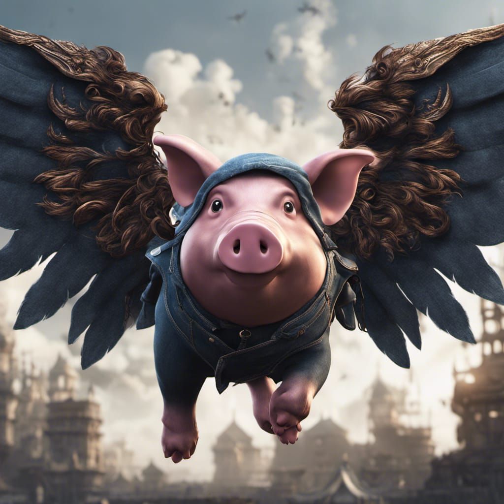 Winged Pig in Denim Shorts: Detailed Matte Painting