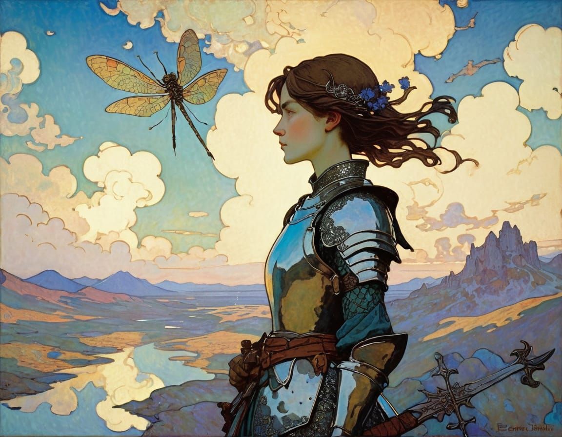 Knight with Dragon in Sky, Inspired by Classic Illustrators