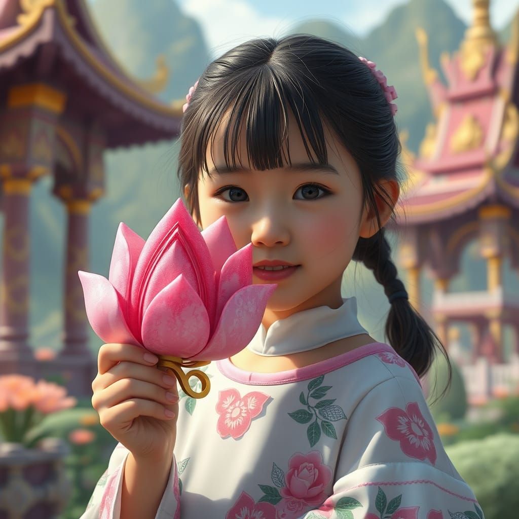 Girl with Lotus Ice Cream, Thai Landscape, Matte Painting