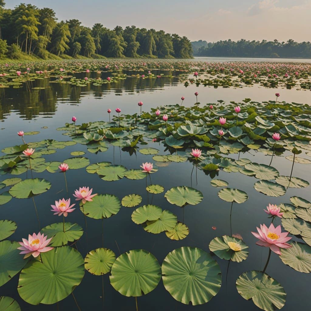 Floating Lotus Island Oasis in a Serene Lake