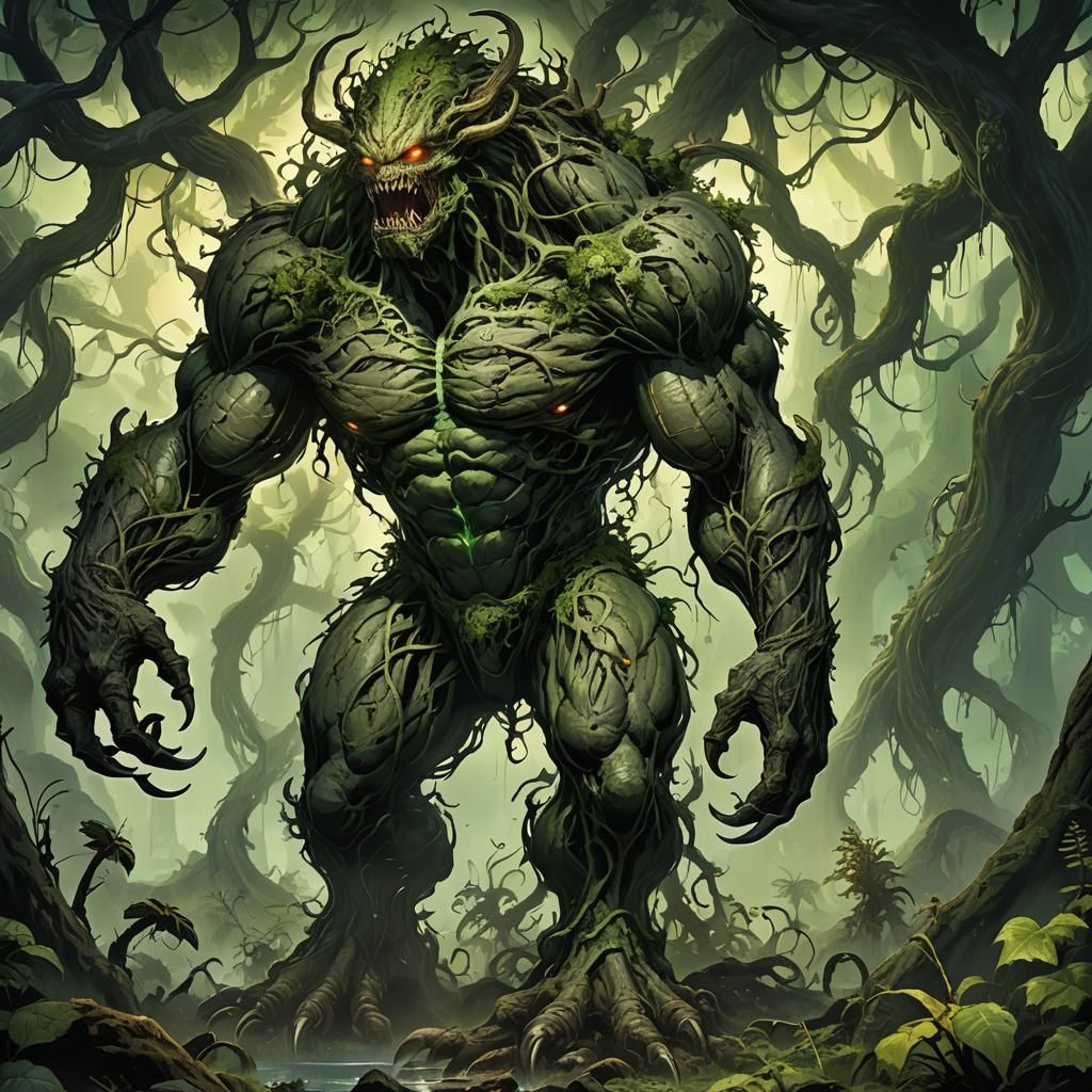 Hulking Earth Monster in Eerily Lit Environment