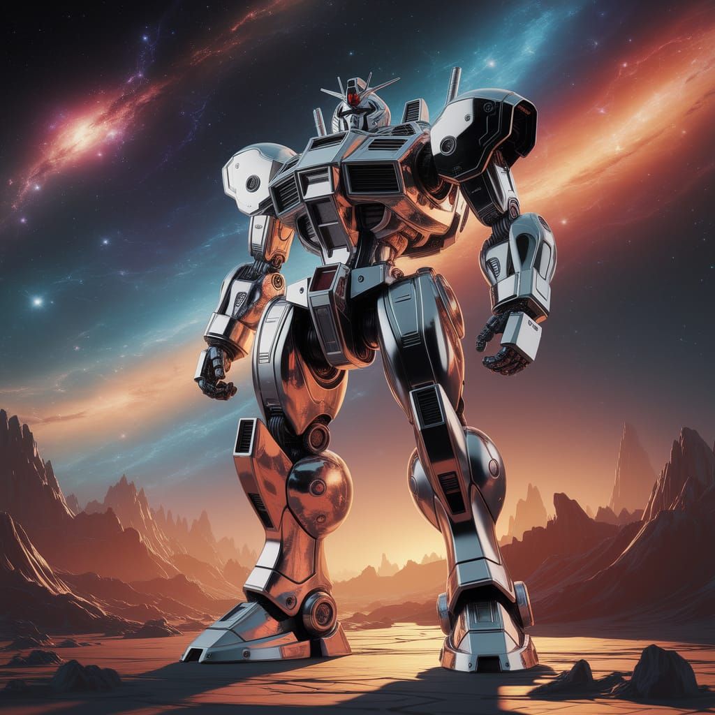 Heroic Galactic Mech in Polished Metal, Swirling Nebulae and...