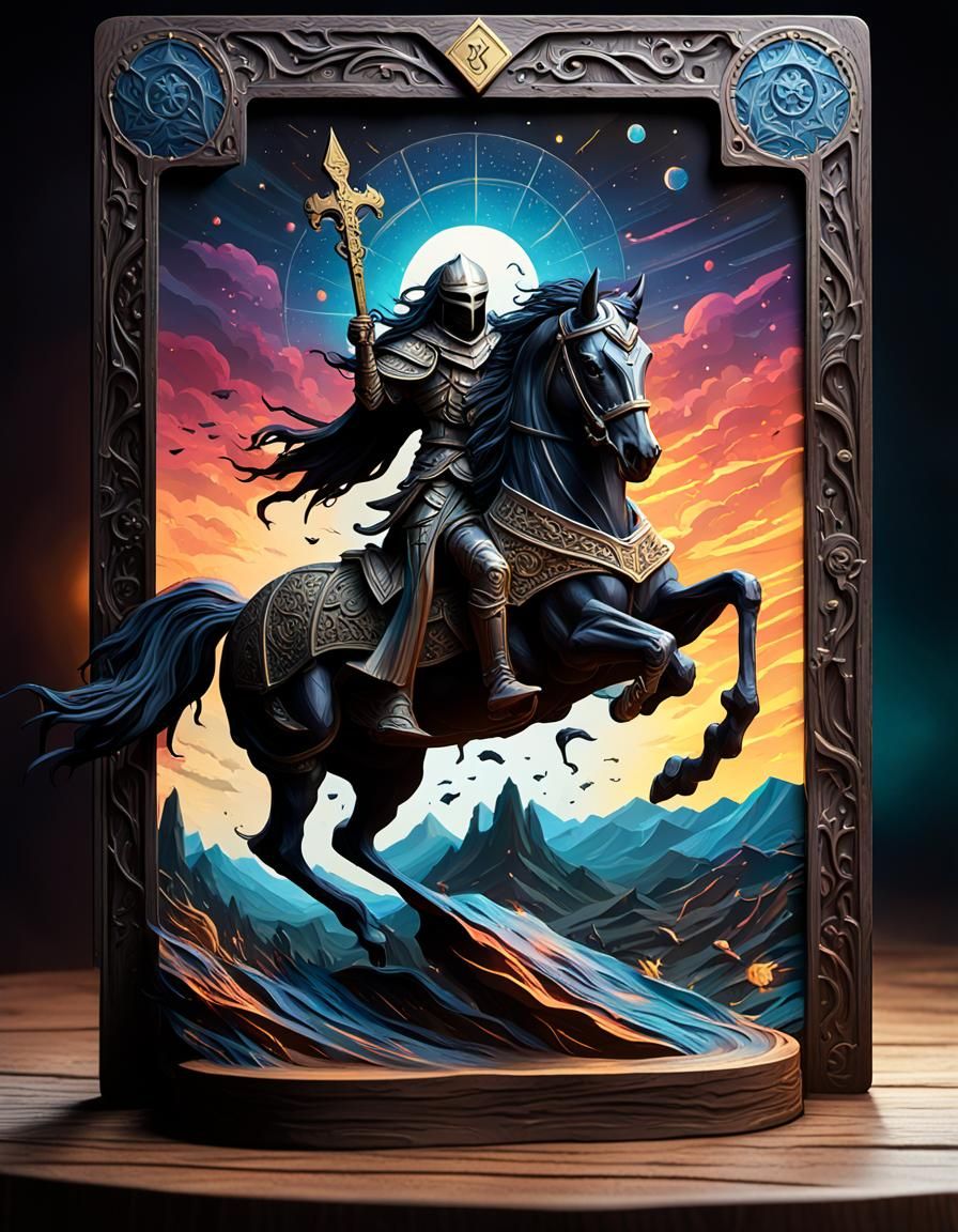 A 3D tarot card standing upright on a table. Death comes leaping out of the tarot card on a black horse. Fantasy 3D HD 6...