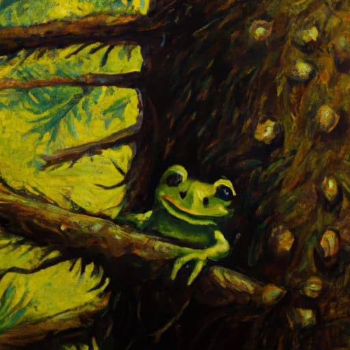 Smiling Warty Frog in Pine Jungle, Oil Painting