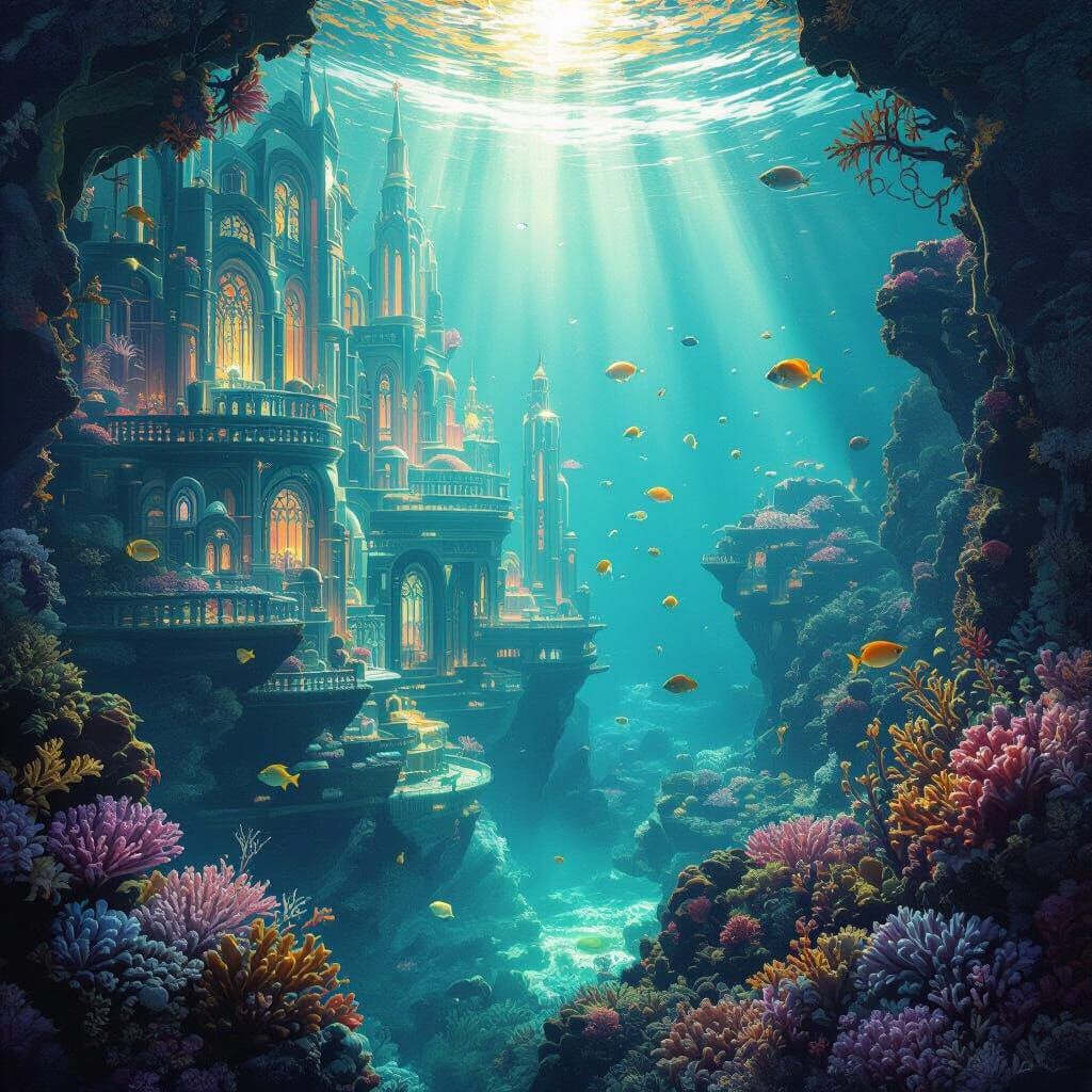 Underwater City with Coral Structures in Art Nouveau Style