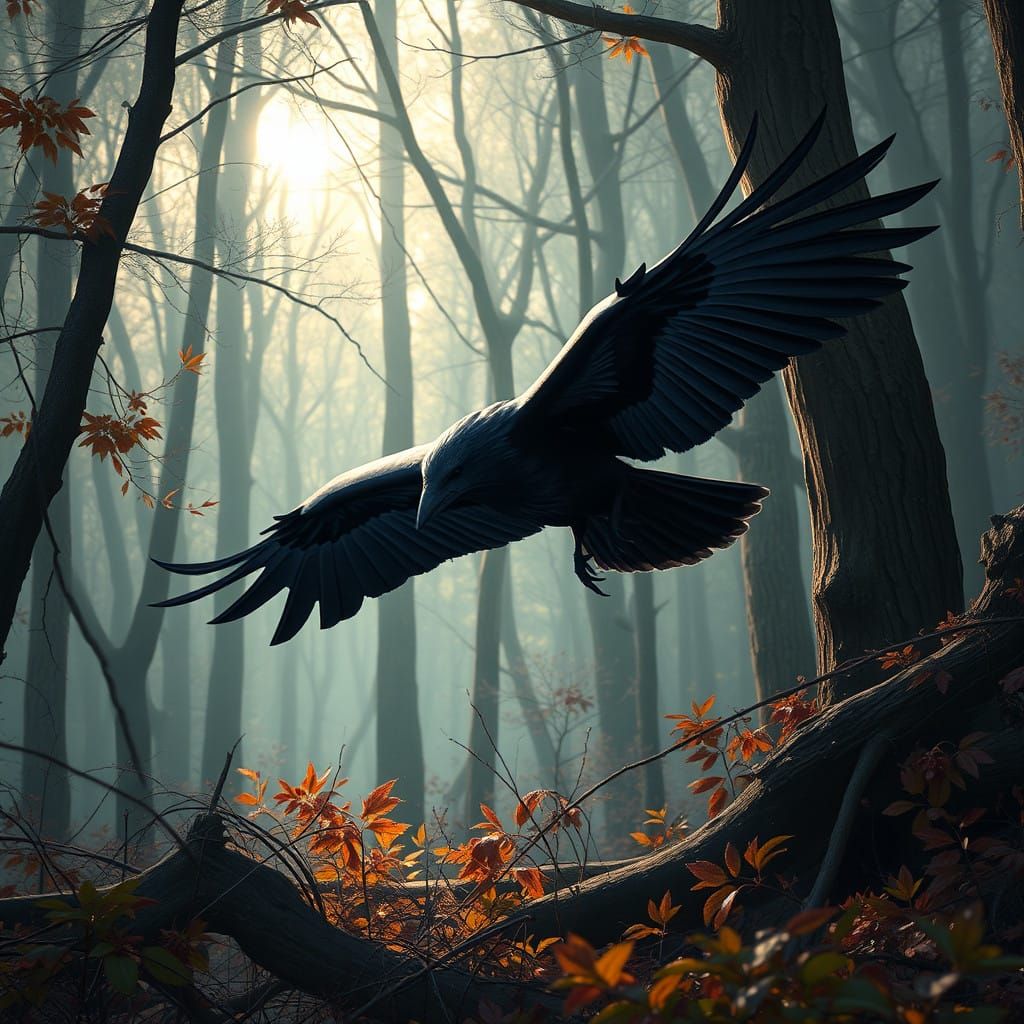 Mystical Raven Takes Flight into Whimsical Woods