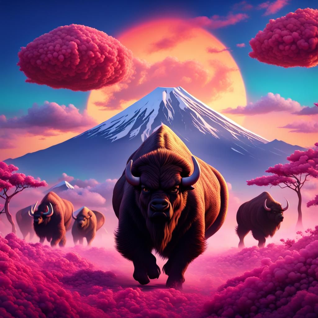 Avatar Sky Bison Circling Mount Fuji: 3D Digital Art