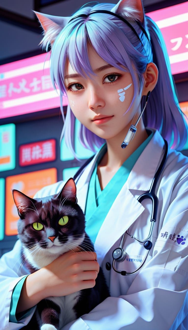 Anime Portrait: Teen Doctor with Cat in Neon Moe Style