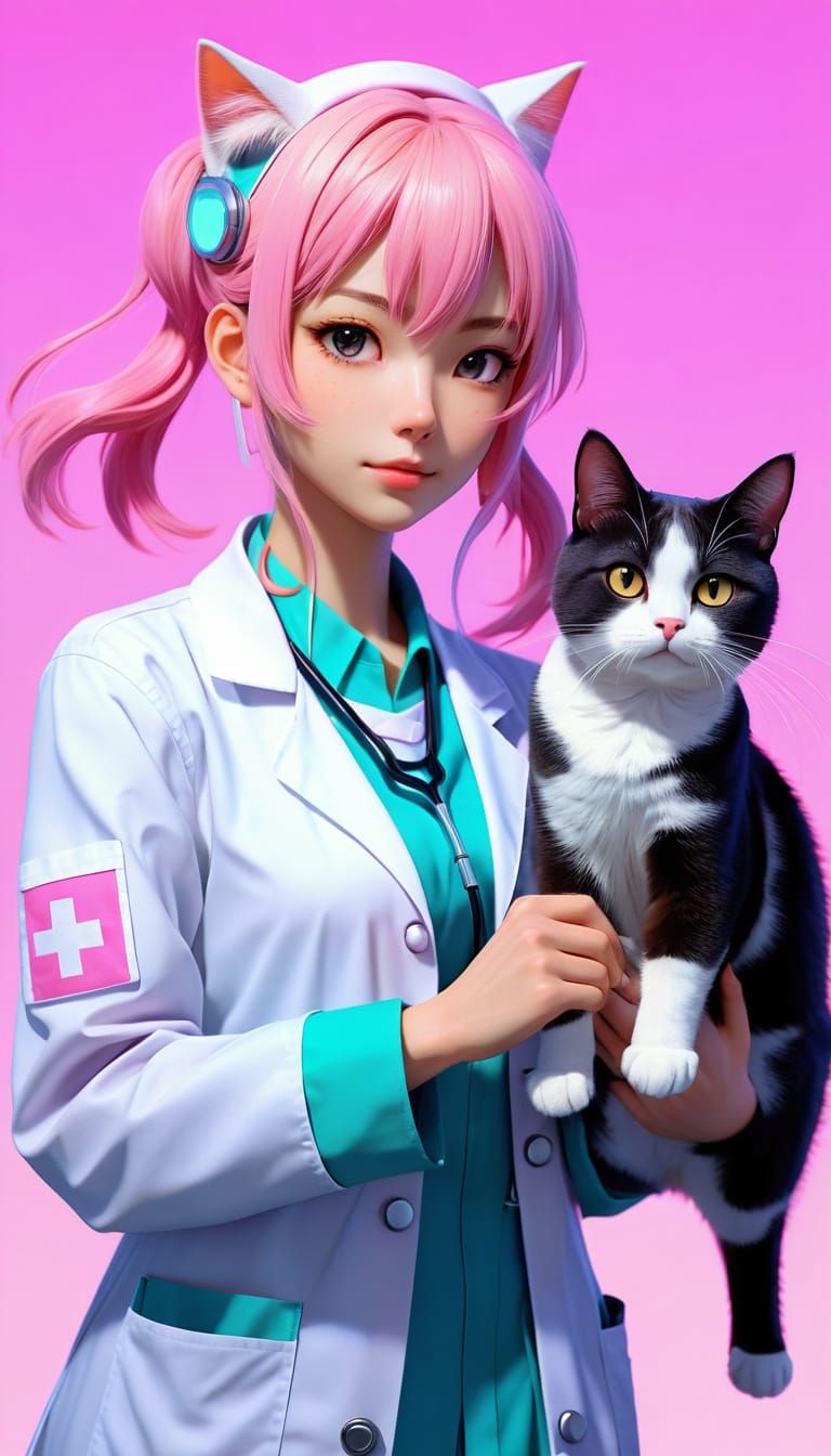 Veterinary Cat Girl Anime Art in Neon Style
