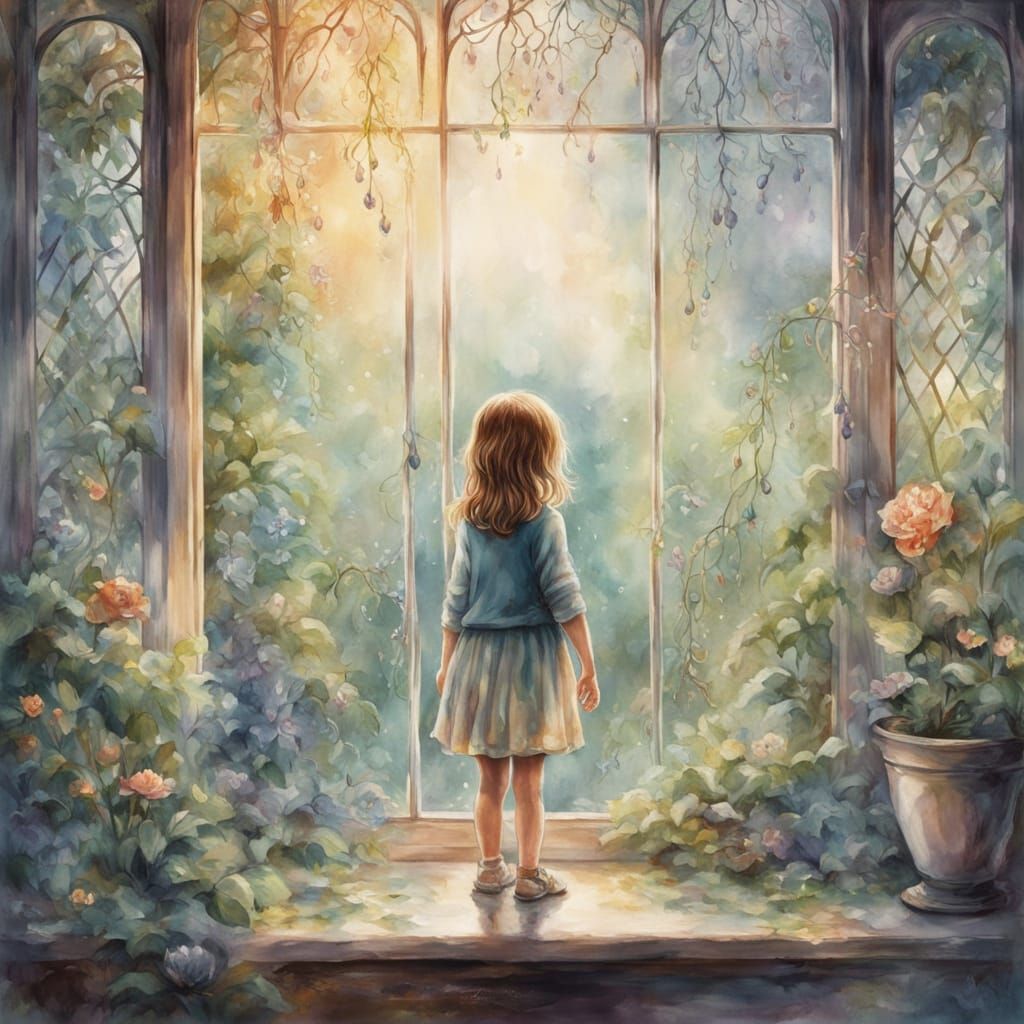 Child Glimpses Misty Garden in Watercolor Style