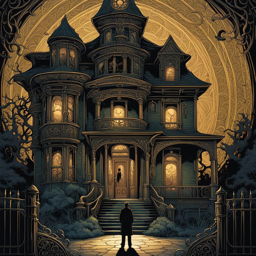 Art Nouveau Haunted House with Creepy Figure