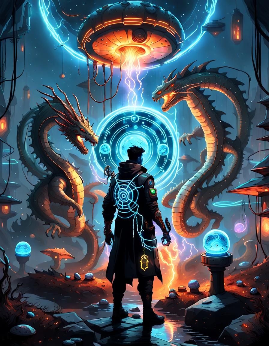 Cyberpunk Bio-Cyborg Amidst Hibernation Capsules and Mystica...