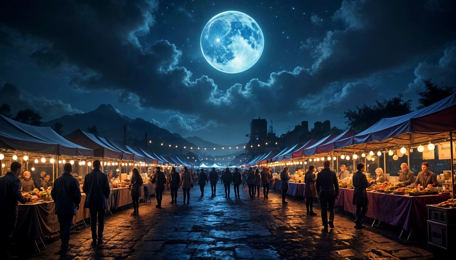 Surreal Night Market in a Dreamlike Blue-Purple Haze