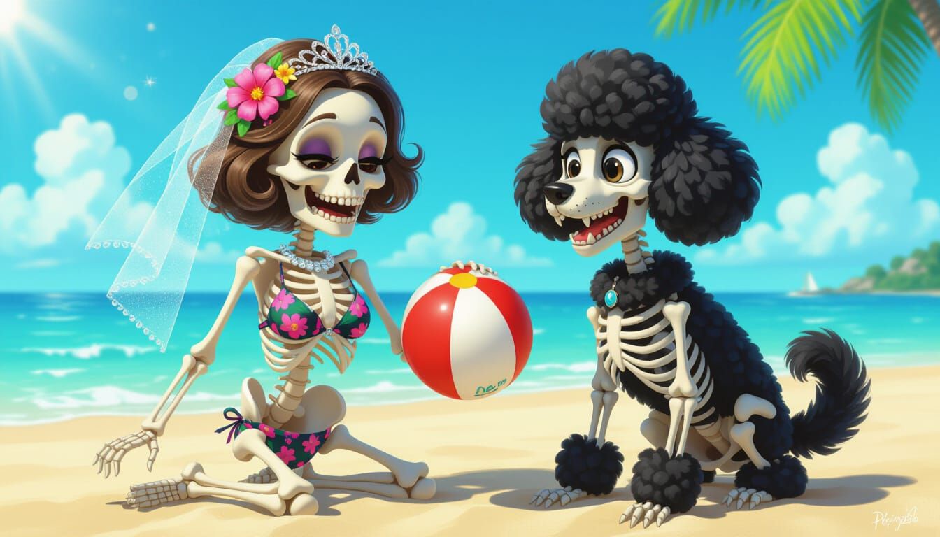 Skeletons Play Beach Ball at Golden Hour