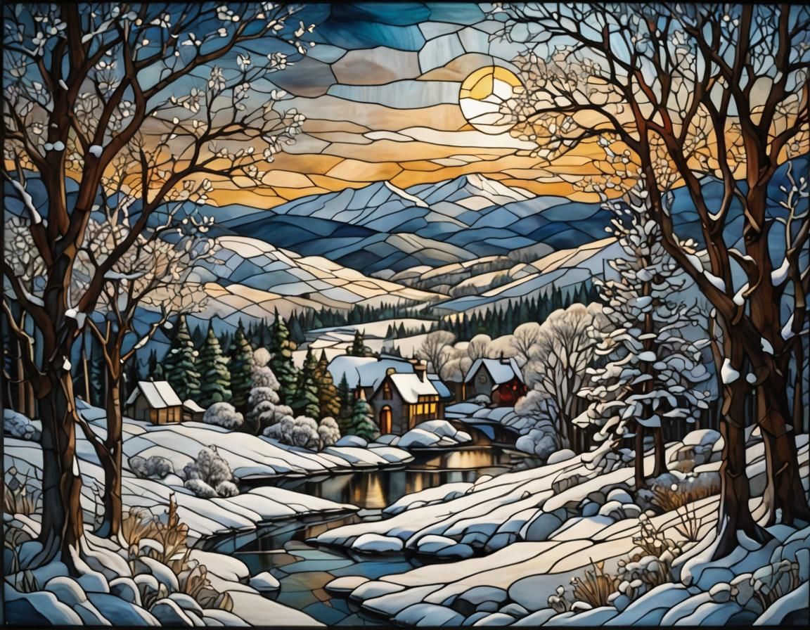 Stained Glass Winter Landscape Art