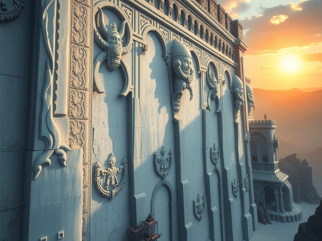 Ethereal White Wall with Ancient Carvings in a Serene Landsc...