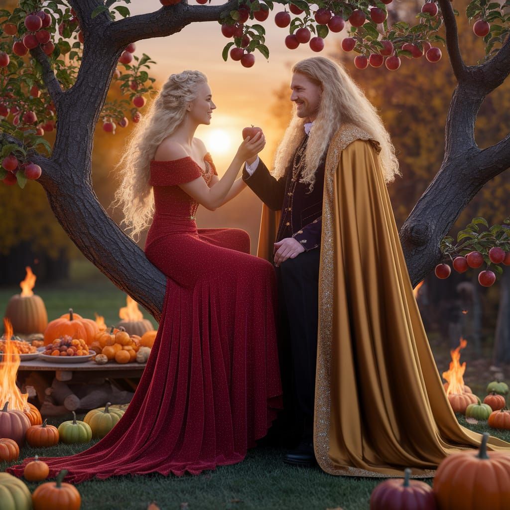 Autumn Harvest Fantasy: Couple Celebrates in Sunlit Orchard