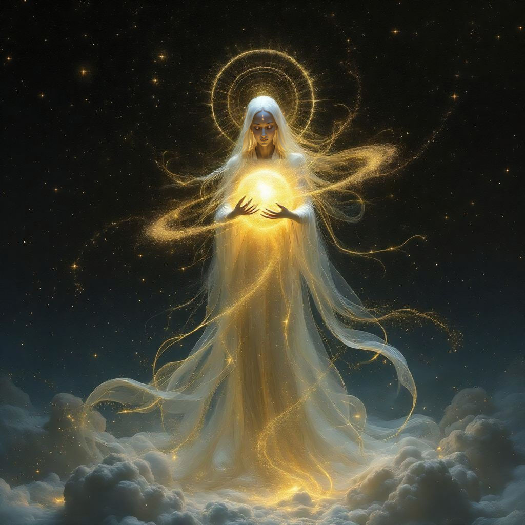Ethereal Figure in Cosmic Void with Golden Sphere