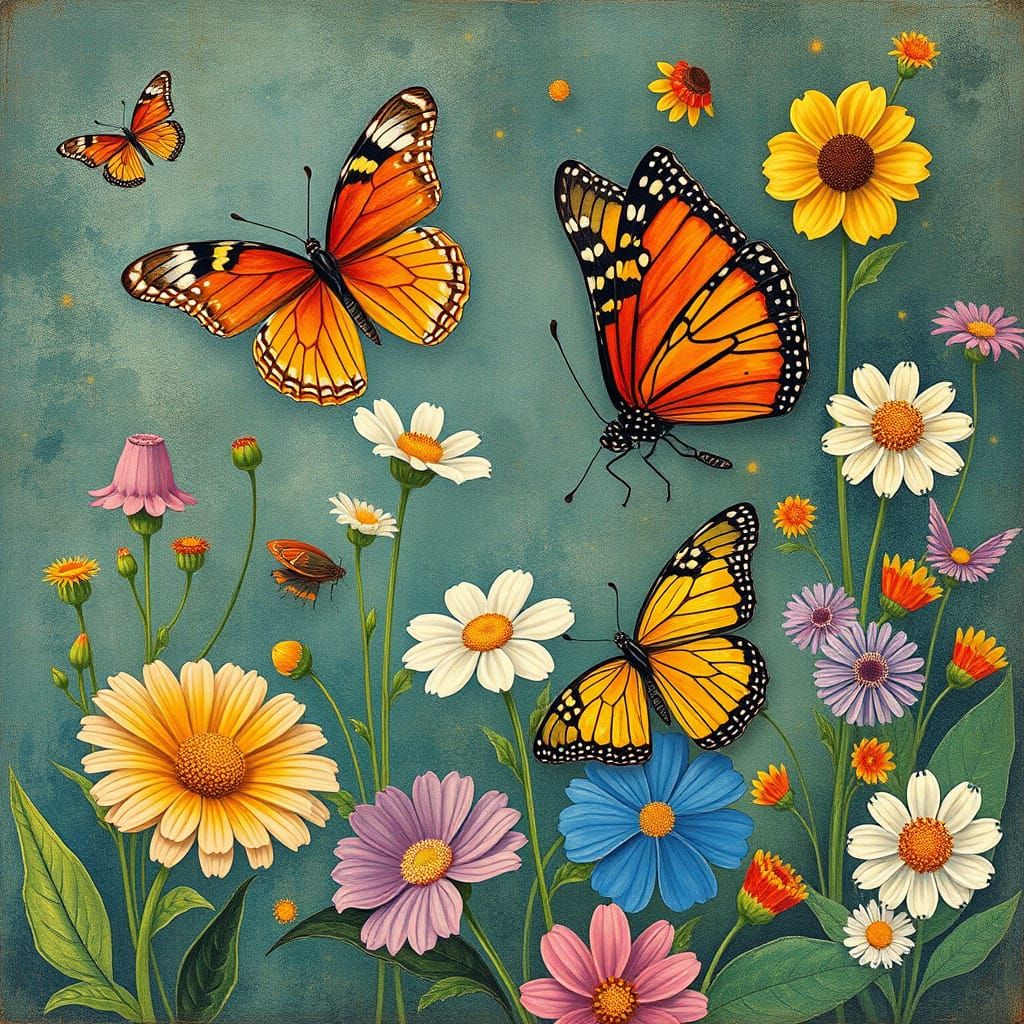 Butterflies and Summer Flowers in Malevich Style