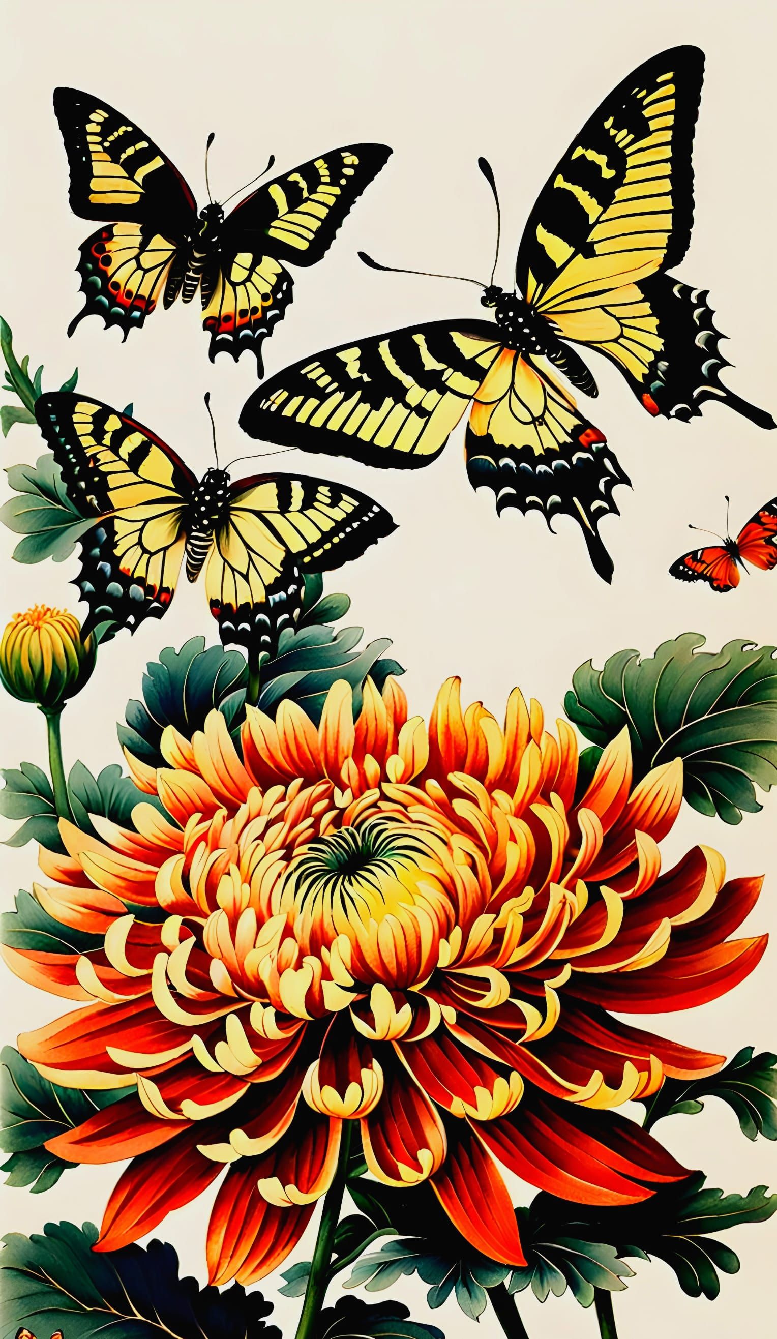 Elegant Chrysanthemums in Traditional Watercolor Style