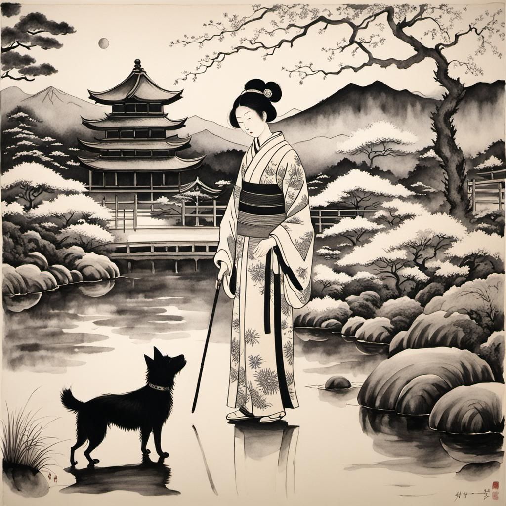Japanese Ink Painting: Woman and Dog in Garden