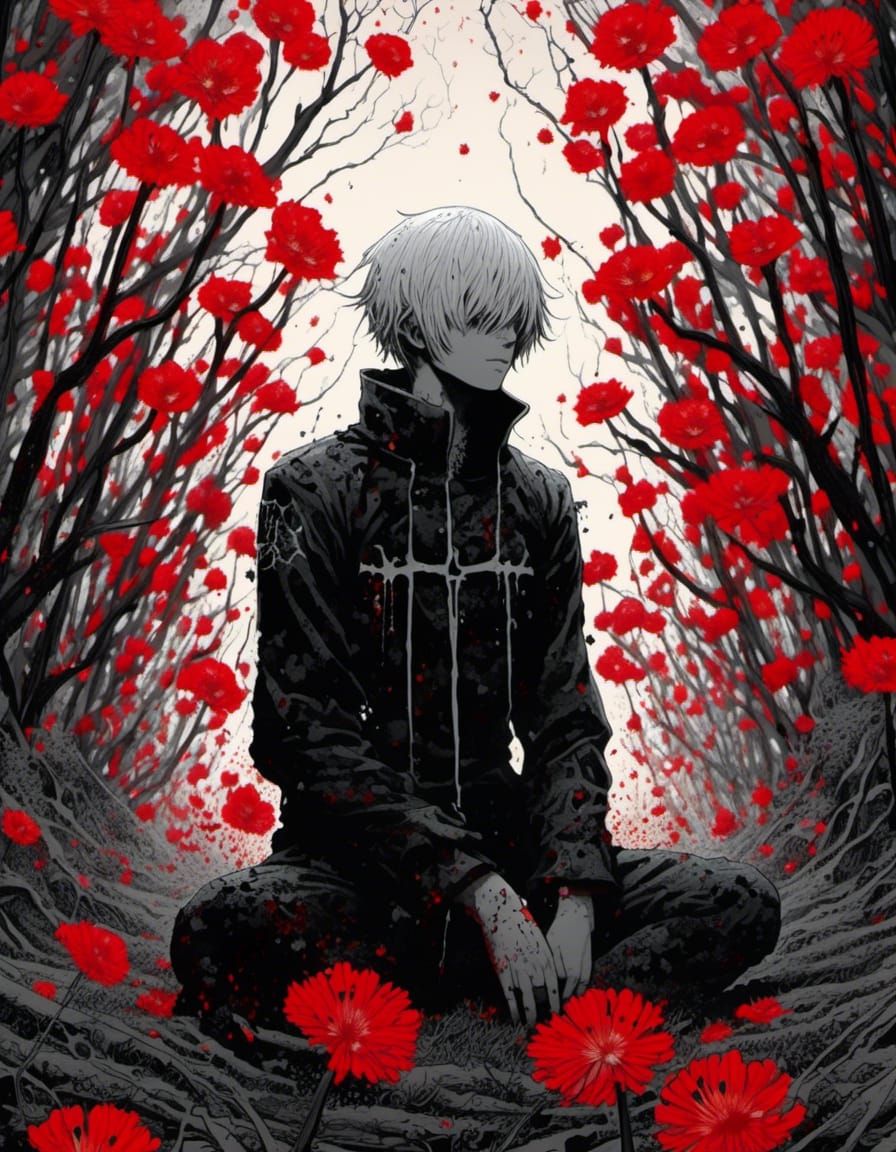 Kaneki Ken in Spider Lily Field: Manhwa Illustration