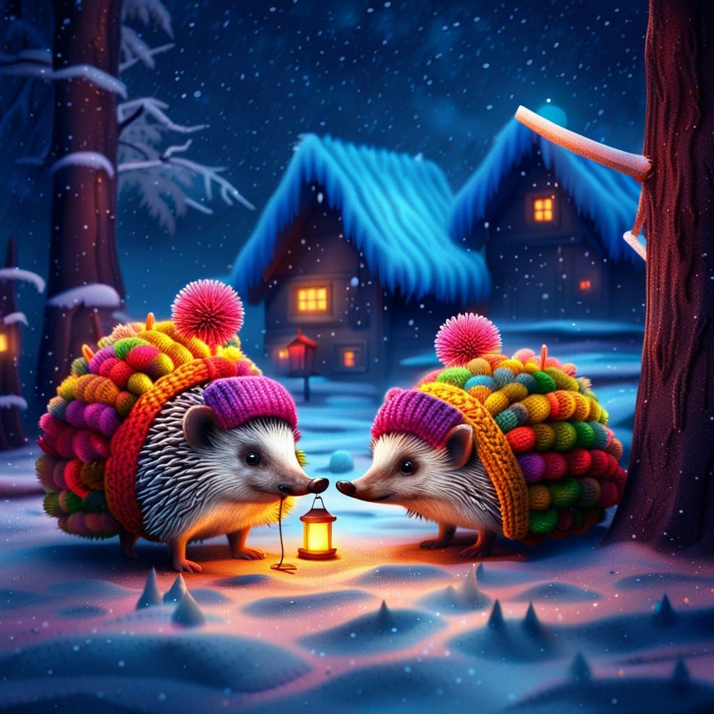 Cartoon Hedgehogs in Winter Forest at Night