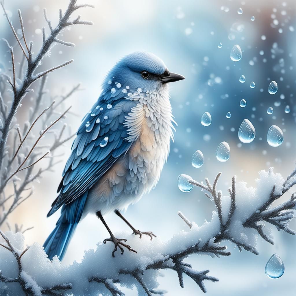 Winter Bird with Ice Droplets: Surrealist Wildlife Art